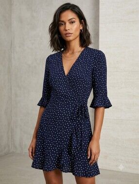 Loft Dark Navy Blue White Dots Romper Wrap Ruffle 3/4 Sleeves Dress Size 2